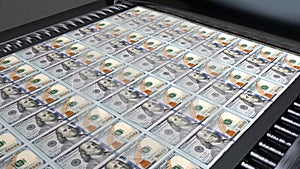 Money Printer Go Brrr 100 Dollar Bills Stimulate US Economy Inflation - Abstract Background Texture photo