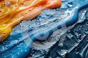 Abstract texture of blue and yellow soapy liquid and water droplets on the surface