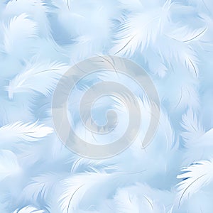 Abstract Texture colored fluffy bird feathers background. Soft and Light blue Pastel Tinted White Feathers Randomly Scattered to