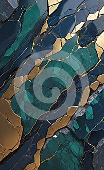 Abstract texture of dark granite stone with refraction interspersed with gray shiny quartzite and gold, background for design,