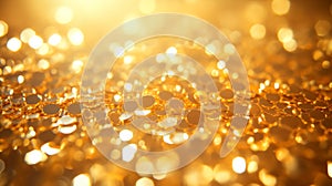 Abstract texture with gold sequins or coins on blurred golden bokeh background