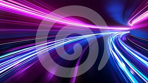 Abstract texture illustration - Neon colored lines, purple and blue moving strokes or lasers to the middle on black background, AI