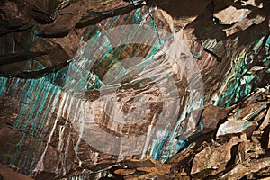 Abstract texture of the oxidated copper on the walls of the underground copper mine in Roros, Norway.