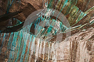 Abstract texture of the oxidated copper on the walls of the underground copper mine in Roros, Norway.