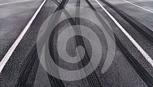 Abstract texture surface and background of car tire drift skid mark on road race track, Black tire mark on street race