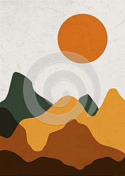 Abstract textured landscape poster. Modern boho background set with sun mountains