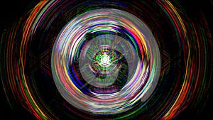 Abstract three-dimensional composition of bright neon concentric circles on a black background, 3D render