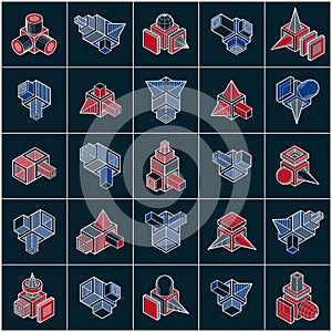 Abstract three dimensional shapes set, vector designs.