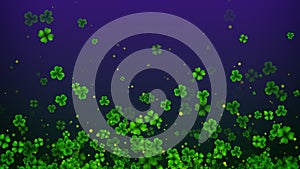 Abstract Three And Four Leaf Clovers St Patrick`s Day And Shiny Glitter Sparkle Dust Flying On Dark Green And Purple Gradient