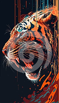 Abstract tiger head portrait, tiger grin, furious tiger from multicolored dripping paints