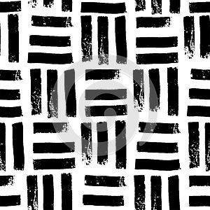 Abstract tile geometric seanless pattern with gringe texture. Hand drawn brush strokes background with bold lines. Black