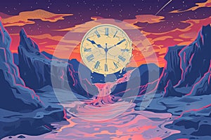 Abstract time concept with clocks, gears, and digital elements.