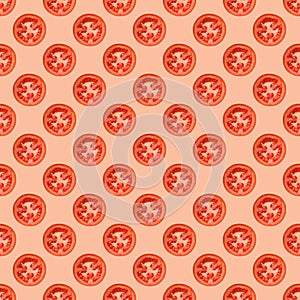Seamless tomato slices pattern on pink background.