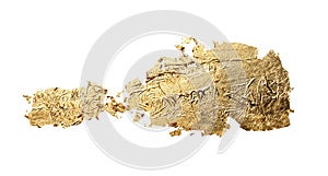 Abstract torn piece of metal leaf potal paper on white background. Gold glitter and bronze color photo