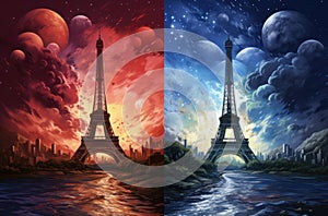 abstract tower Eiffel double red and blue background wallpapers, in the style of photo realistic details