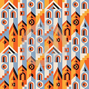 Abstract town geometric background vector seamless pattern. Website backdrop. Building city construction. Decorative houses steps.