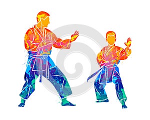 Abstract trainer with a young boy in kimono training karate on a white background