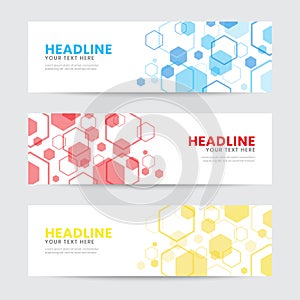 Abstract Transparent Hexagonal Element Banner Template. Spread and Random Layout. Blue, red, and yellow.