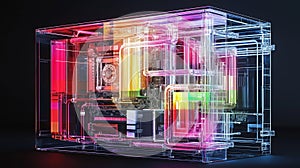 Abstract transparent technology industrial computer concept with wireframe structure