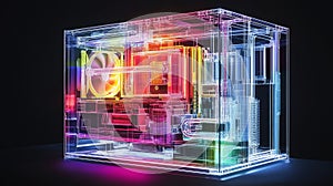 Abstract transparent technology industrial computer concept with wireframe structure