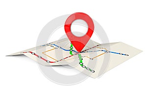 Abstract Transportation Metro or Subway Map with Red Target Pin.