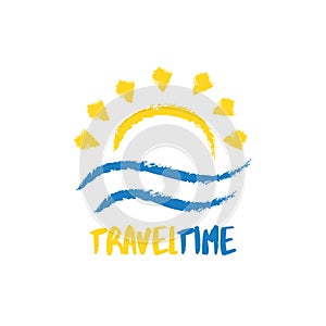 Abstract travel agency logo template. Sun with sea waves in sketchy hand drawn style. Sunrise vacation, holiday logotype