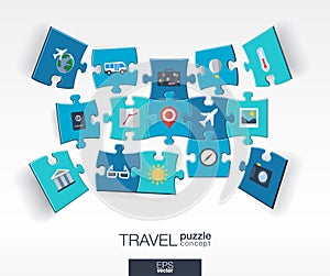 Abstract travel background with connected color puzzles, integrated flat icons. 3d infographic concept with Airplan, luggage,