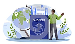 Abstract travel concept. Man waving next to giant travel items, with a world map, tickets, and a passport, on a light