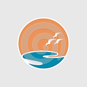 Abstract travel logo with ocean logo with waves and seagulls. Cruise, tour, delivery concept,