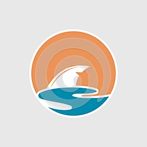 Abstract travel logo with ocean and shark fin. Shark fin icon.