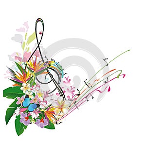 Abstract treble clef decorated with leaves and flowers. photo