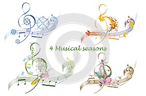 Abstract treble clef decorated with summer, autumn, winter and spring decorations: flowers, leaves, notes, birds.