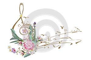 Abstract treble clef decorated with summer and spring flowers.