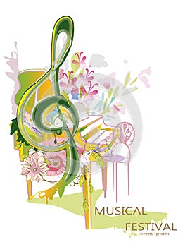 Abstract treble clef decorated with summer and spring flowers, notes.