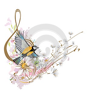 Abstract treble clef decorated with summer and spring flowers, palm leaves, notes, birds.