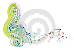 Abstract treble clef decorated with summer and spring flowers, palm leaves, notes, birds.