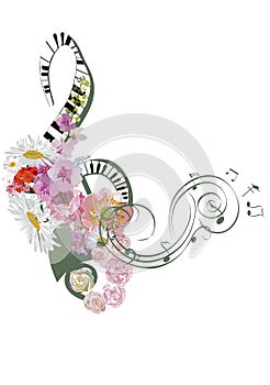 Abstract treble clef decorated with summer and spring flowers, palm leaves, notes, birds.