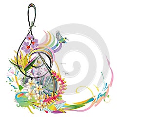 Abstract treble clef decorated with summer and spring flowers, palm leaves, notes, birds. photo