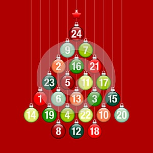 Abstract Tree Advent Calendar Of Hanging Glossy Christmas Baubles Red And Green