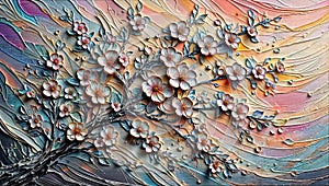 Abstract Tree Branch with White Flowers on Multicolored Striped Background, generative ai