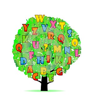 Abstract tree with colorful letters on White background.