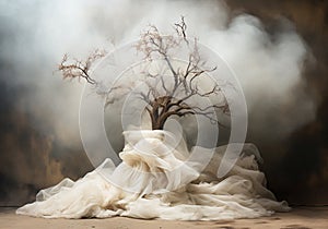 Abstract tree covered with floating muslin that merges with smoke. Conceptual digital art style. Surrealism. AI generative