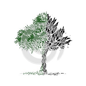 Abstract tree half leave and dry branch, spring autumn hand drawn vector illustration