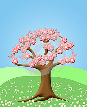 Abstract Tree with Spring Cherry Blossom Flowers