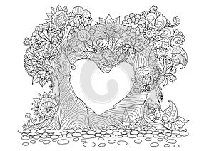 Abstract trees in heart shape line art design for coloring book