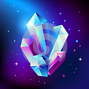 Abstract trendy cosmic poster with crystal gems and pyramid geometric shapes in space. Neon galaxy background. 80s style