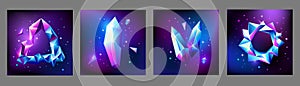 Abstract trendy cosmic poster set with crystal gems frame and pyramid geometric shapes in space. Neon galaxy background