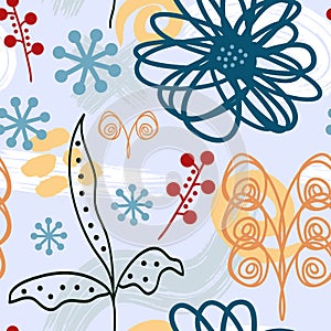 Abstract trendy floral seamless pattern. Flowers and watercolours brushstrokes painted by hand. photo