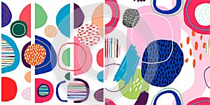 Abstract trendy seamless patterns set with hand drawn colorful shapes