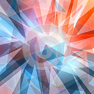 Abstract triangle shapes layered in random pattern, orange blue and purple on white background, transparent geometric triangle bac